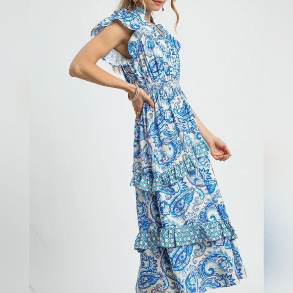 Last Day Umgee USA Blue Paisley Ruffle Midi Dress Cascading Ruffles Small - Picture 3 of 5